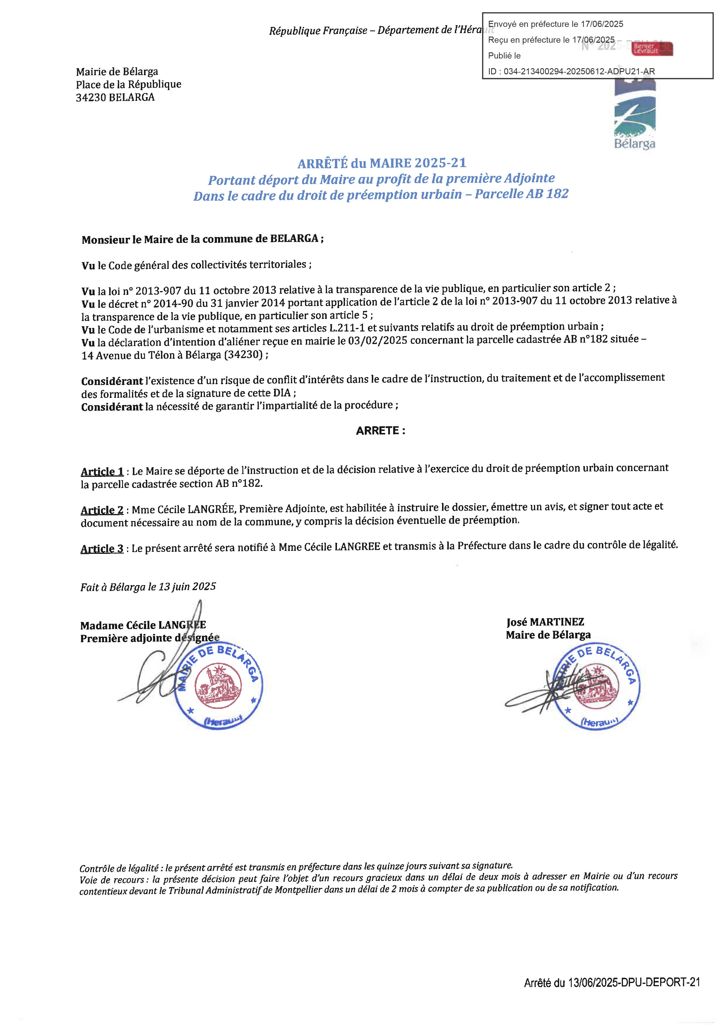 Arrete DPU DEPORT 21 AR 1 1 1