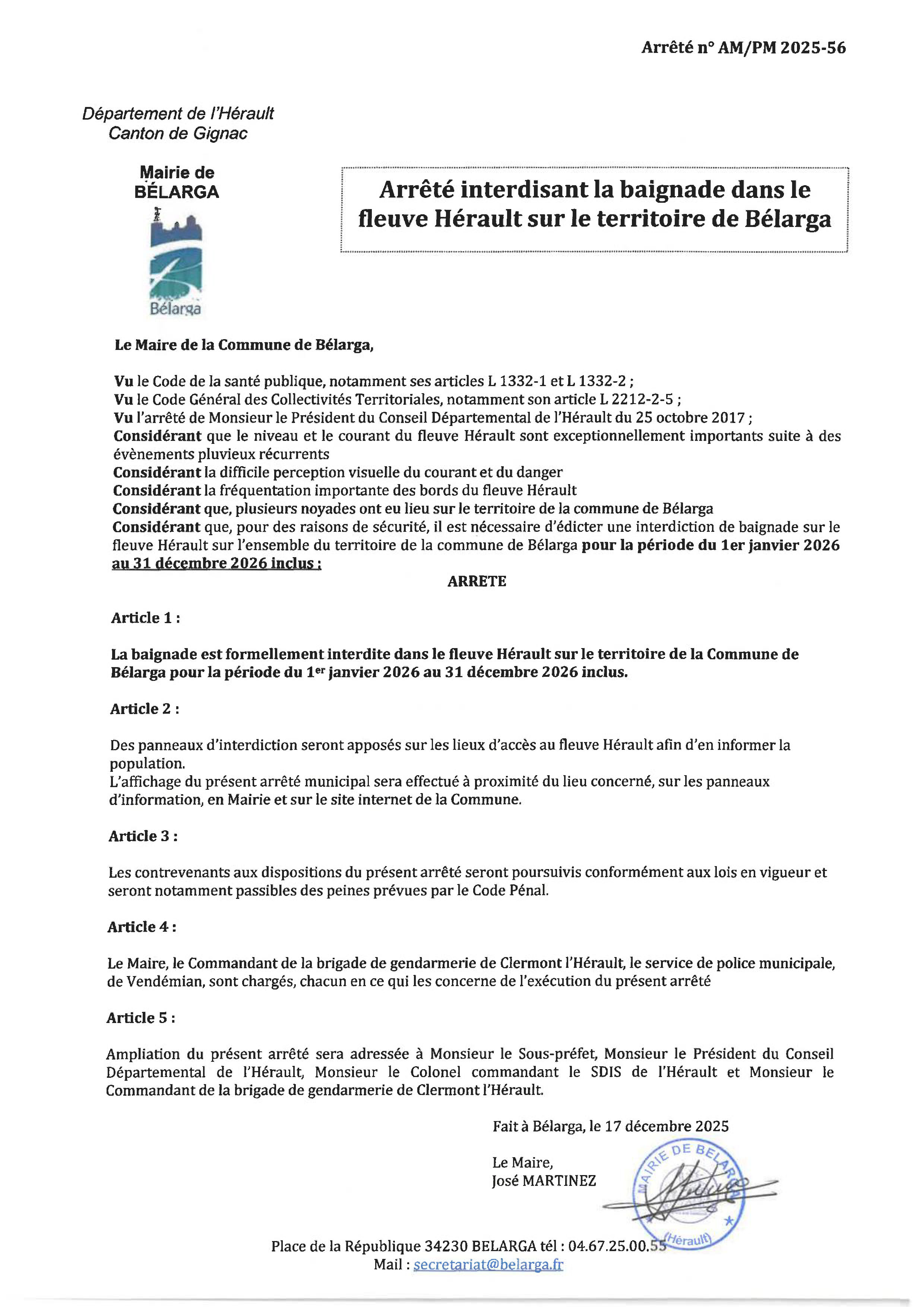 arrete interdiction de baignade belarga 2026