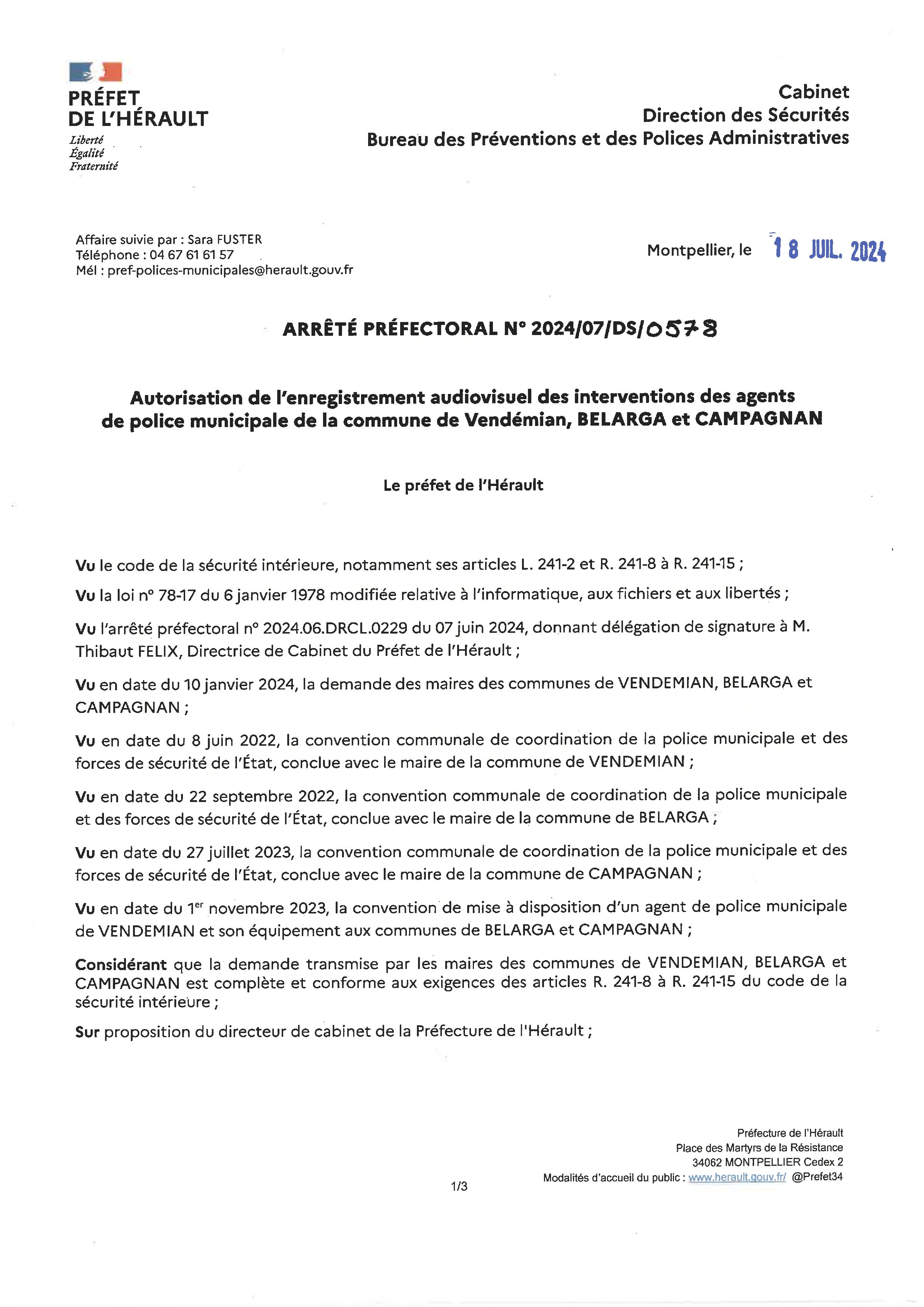 Autorisation caméras 18 juillet 2024